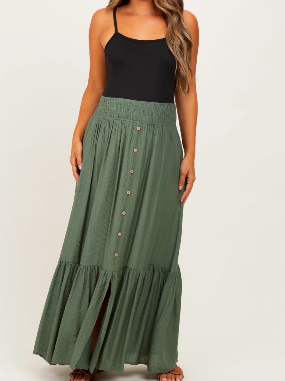 Olive Green Button-Front Maxi Skirt